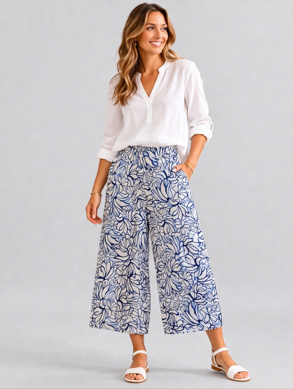 Martha Stewart Collection Linen Wide Leg Pull-on Crop Pants Sz Med